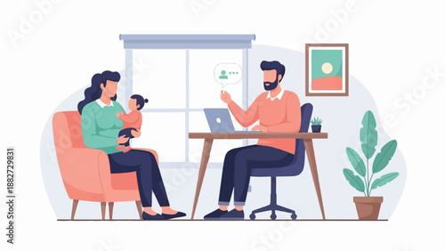 A counselor listens to a mother and child in a calm, modern office setting