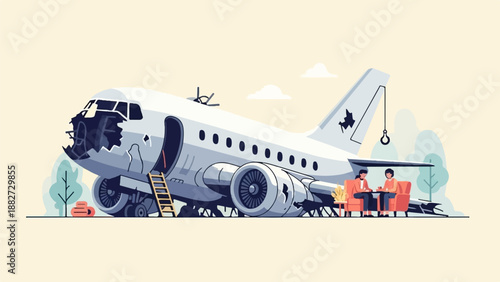 A damaged aircraft serves as a unique setting for two people enjoying a casual conversation