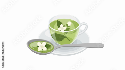 A clear cup holds green tea with jasmine flowers and leaves, a spoon rests beside it