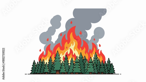 A forest fire rages, sending smoke plumes into the sky