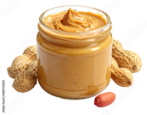 Creamy spread in jar, surrounded by peanuts and shells