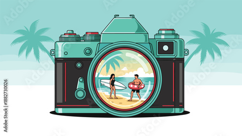 Vintage style camera lens captures a scenic beach view of a couple with a surfboard and floatie under tropical palm trees.