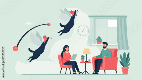 A therapeutic session with flying dogs and a couple discussing plans