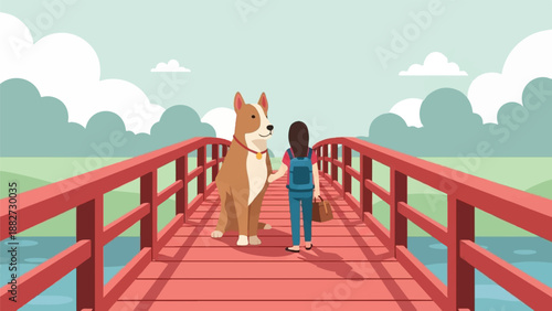 A person and their dog walk across a red bridge over water