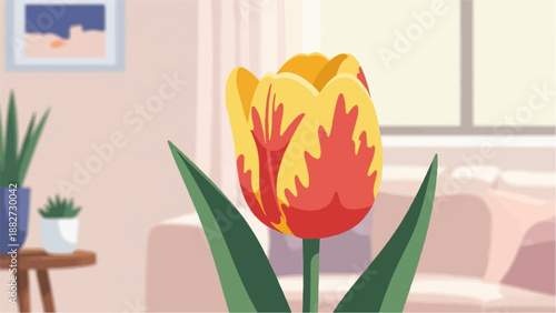 A single tulip in a pot sits on a table beside other plants