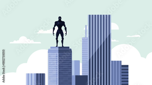 A dark, muscular figure stands atop a skyscraper overlooking a city