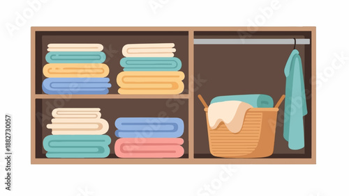 A tidy closet with folded towels and a laundry basket