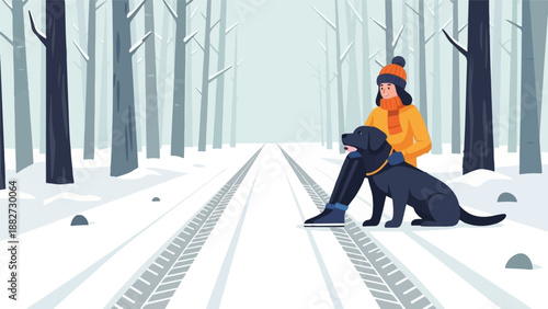 A person and their dog walk on a snowy path through a tranquil winter forest