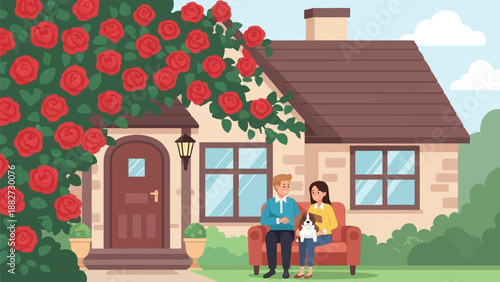 A couple and dog sit on a couch outside a house with roses