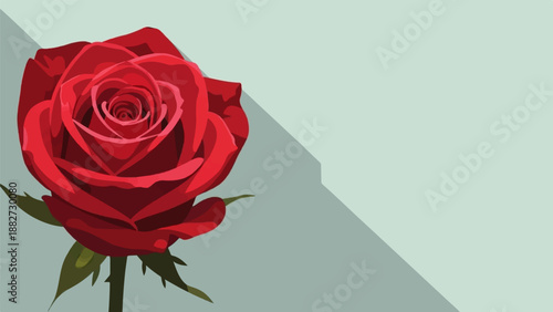 A single, vibrant red rose with dark green leaves on a muted blue background