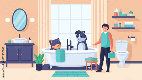 A person bathes two puppies in a bathtub in a clean, modern bathroom