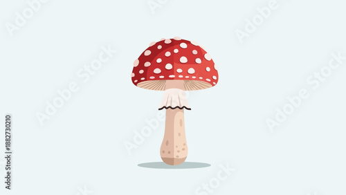 A classic red and white spotted toadstool mushroom on a pale background