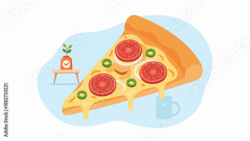 A slice of pizza with tomatoes, onions, and jalapenos, next to a mug