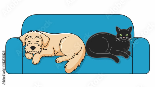 A light-colored dog and a black cat are sleeping peacefully on a blue couch