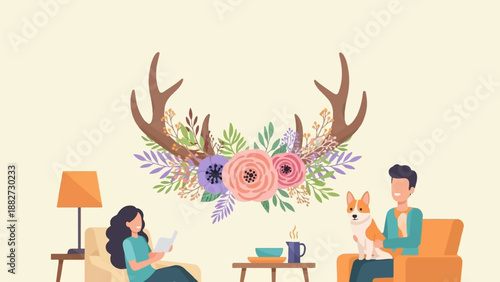A couple and their dog relax indoors amidst floral antlers