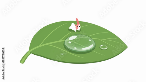 A tiny pink and white cat stands near a dewdrop on a green leaf