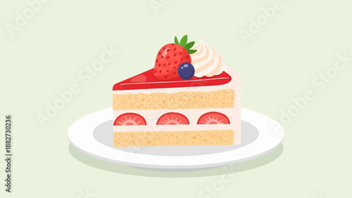A slice of strawberry cake with cream, berries, and fruit on a white plate