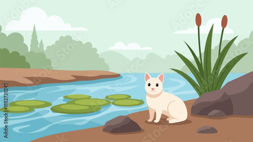 A friendly cat sits by a calm river with lily pads and reeds