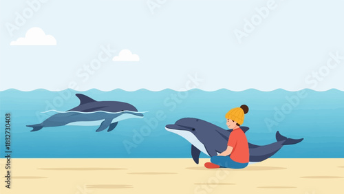 A child in a hat interacts with a dolphin on a sandy beach beside the sea