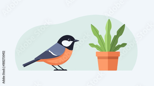 A small bird with orange breast stands near a potted plant