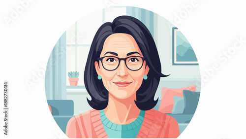 A friendly, smiling woman wearing glasses and a coral sweater with a teal collar