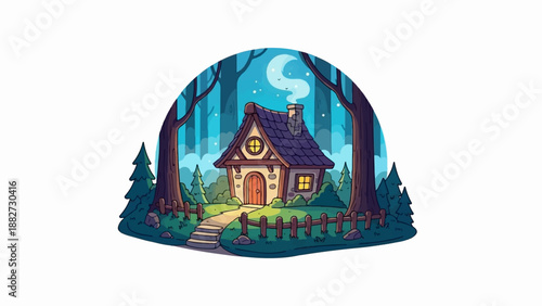 A quaint, storybook cottage nestled deep in a moonlit forest