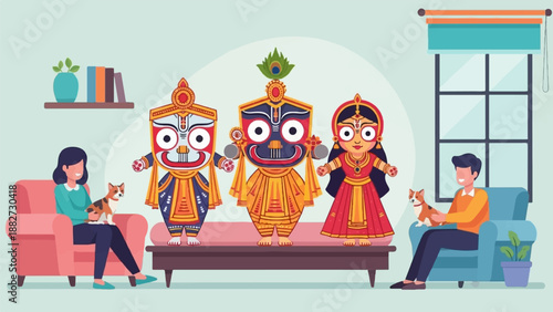 A lively indoor scene with cartoon deities, people, and pets enjoying a moment