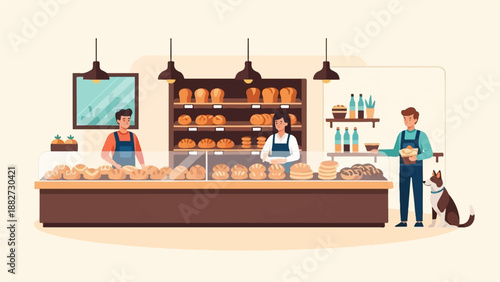 A lively bakery with two staff members serving bread and a dog nearby