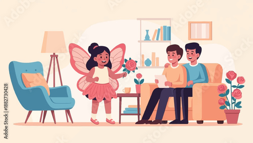 A child in fairy costume offers a rose to two men reading