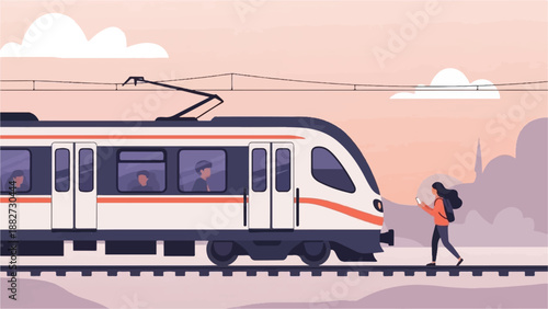 A train approaches a station where a person waits, holding a phone