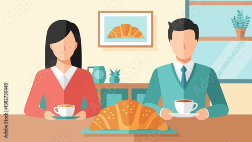 A couple enjoys a cozy breakfast with coffee and croissants