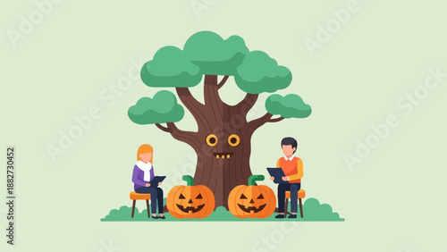 A friendly tree character with pumpkins and people learning