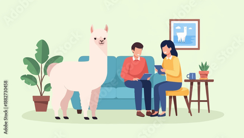 A llama stands next to a sofa where a couple looks at tablets