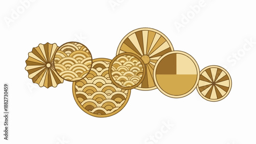 A decorative arrangement of circular and fan-shaped elements with traditional patterns