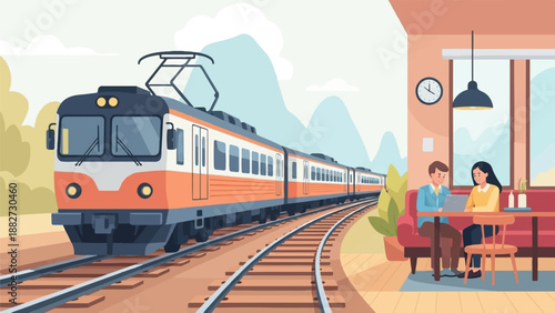 A train passes by as two people work on laptops in a cafe