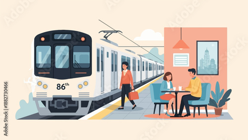 A train station scene featuring a modern train and a couple enjoying coffee indoors