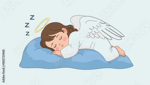 A child angel with wings and halo sleeps soundly on a blue pillow