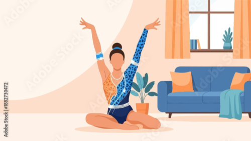 A person in a colorful leotard sits cross-legged with arms raised