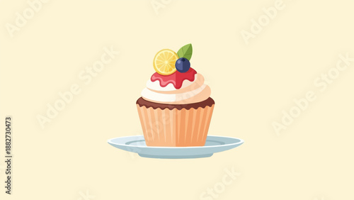 A frosted cupcake adorned with fruit and a leaf sits on a plate
