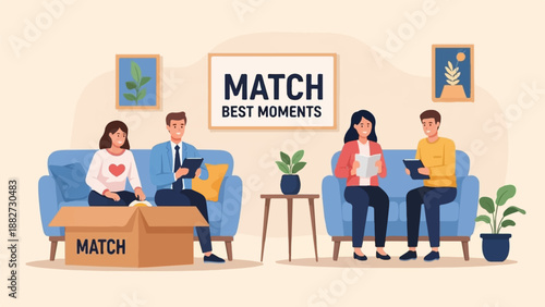 A living room scene with four people seated on sofas, a cardboard box