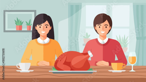 A couple enjoys a festive meal with a roasted turkey and drinks