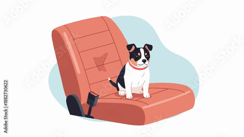 A small, tri-colored dog sits on a red car seat with a seatbelt beside it