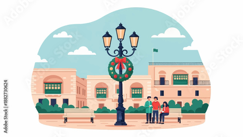 A couple enjoys a festive winter scene outside historic buildings