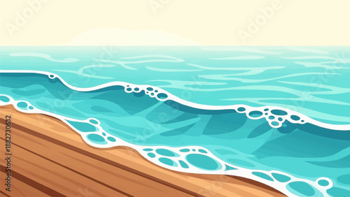 A tranquil beach scene with gentle waves lapping onto wooden planks