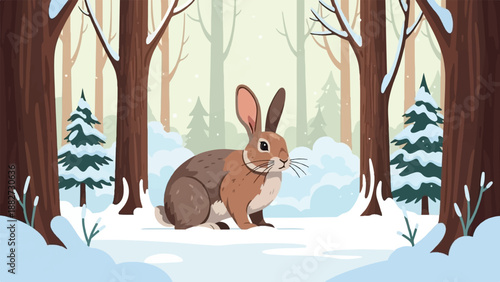A rabbit sits in a snowy forest during winter, surrounded by trees