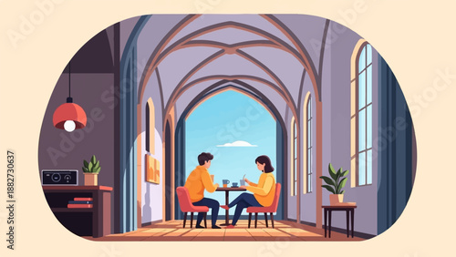 A couple enjoys a quiet moment together at a cafe with arched ceilings