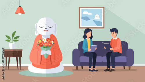 A tranquil room scene features a serene statue holding flowers and two individuals conversing