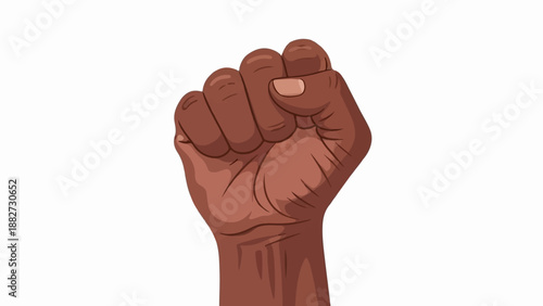 A raised brown fist in solidarity and protest against a white background