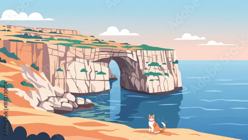 A lone cat sits on a sandy shore overlooking a calm sea and rocky arch