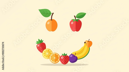 A smiley face formed by various fruits on a pale yellow background